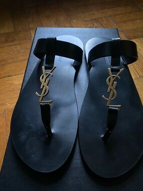 Saint Laurent Black Leather Sandals with Gold YSL Logo